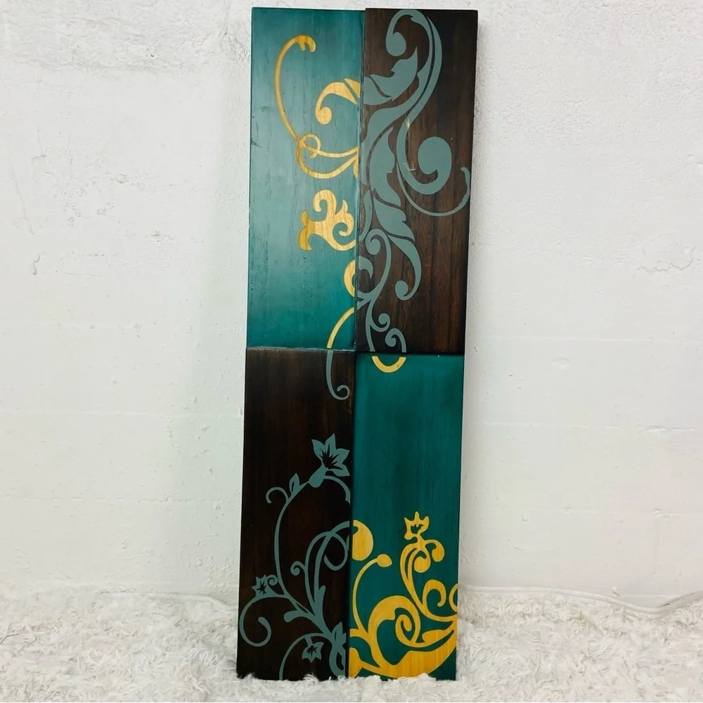 Teal , Gold & brown large 3D rectangle Paisley, floral Wall Art Decor